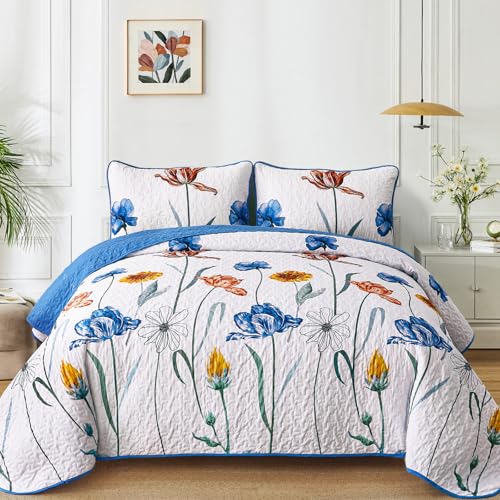 Parure de lit réversible bleu floral en microfibre douce King Size haut de gamme - 2