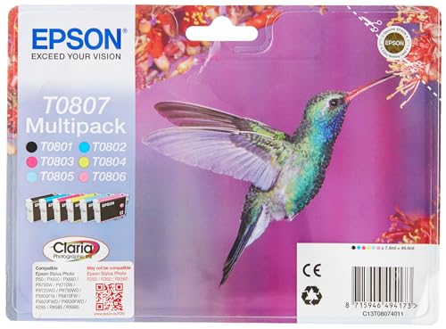 Epson Original T0807 Tinte Kolibri (Stylus Photo R265 R360 R285 RX585 RX685 PX700W P50 PX650 PX810FW PX710W PX820FWD PX720WD PX660 PX830FWD PX730WD RX560) Multipack 6-farbig, 44,4 ml