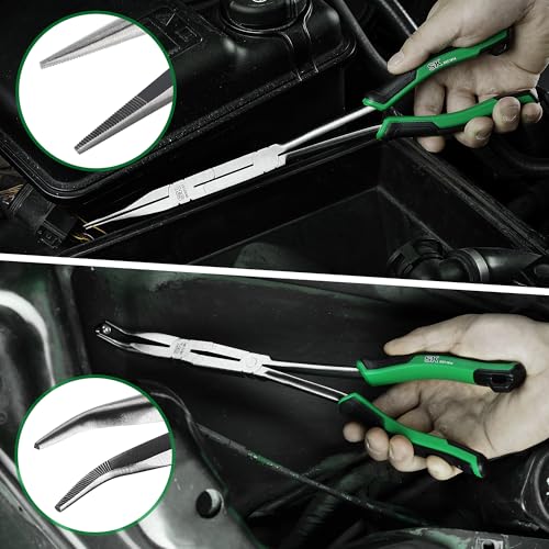 Image of SK 2-Piece Long Needle Nose Pliers, 13'' Double Compound Long Nose Pliers | Straight Long Reach Pliers, 45 Extra-long Bent Nose Pliers,Premium CR-V Steel, with Comfort Grips