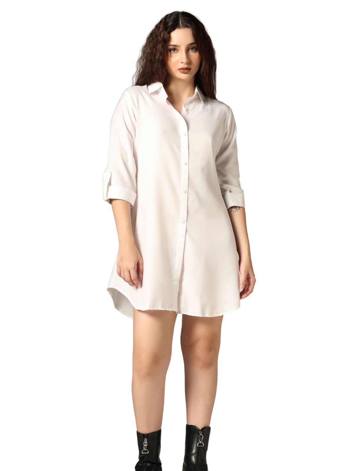 Greciilooks Western Dress For Women| Shirt Collar Solid A-Line Dress| Plus Roll Tab Sleeve Shirt Dress| Women's Comfort Summer Dress| Dress Perfect For Outing (Large, Sky)
