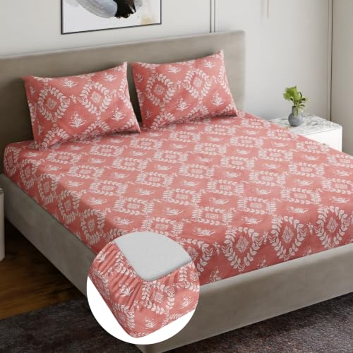 Image of Dreamscape Microfibre Wrinkle & Fade Resistant King Fitted Bedsheet with 2 Pillow Covers - (Size 72 x 78 inches, TC, Colour - Coral)