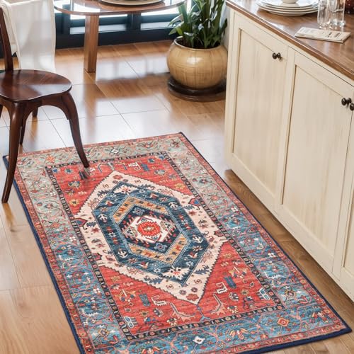 SERISSA Boho Rugs for Entryway, 2x3 Rust Entryway Rug Non-Slip Washable Small Area Rug, Ultra Soft Oriental Vintage Low-Pile Indoor Door Mat Floor Carpet for Entrance Bedroom Kitchen Bathroom
