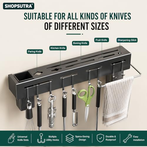 Image of Wall Mounted Knife Holder Rack with Hooks and Utensil Cups, Stainless Steel, Black, 40 cm