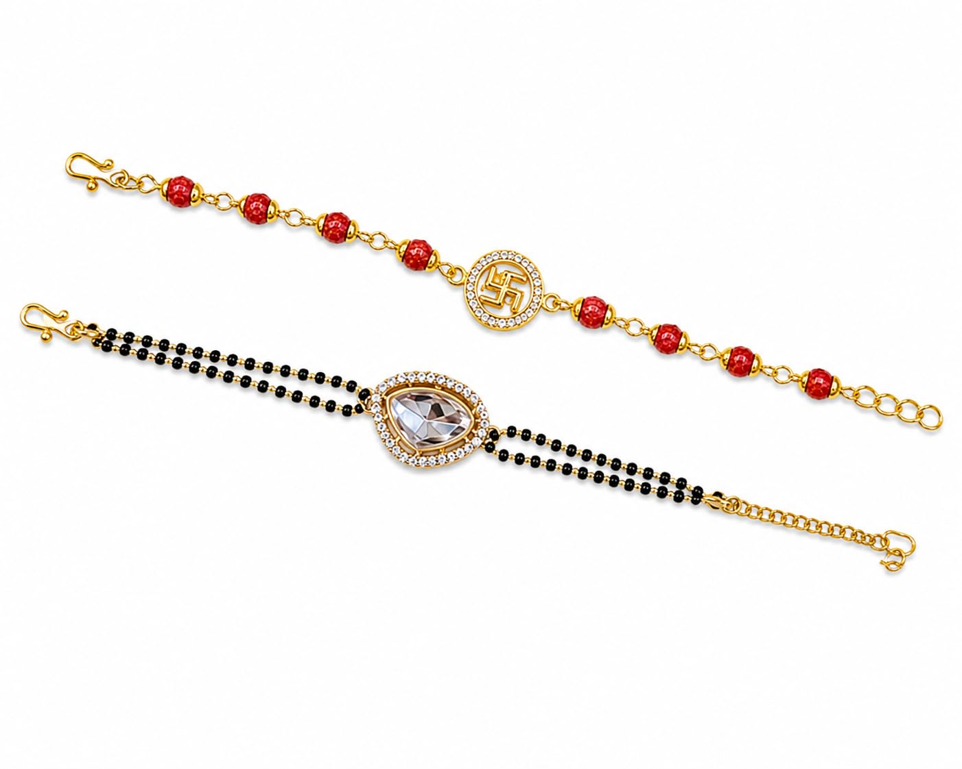 Premium Designer Rakhi Combo Gift Set for Brother | 2 Stylish Bracelet Rakhis with Black Beaded & Red Stone Rakhi | Luxury Raksha Bandhan Gift Box with Roli Chawal Bottles, Greeting Card & Random Color Premium Box-image-48