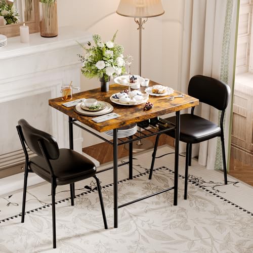 Image of VINGLI Dining Table Set for 2, Small Kitchen Table Set with Upholstered Chairs, 3-Piece Dining Set with Storage Rack, Wood Dining Room Set with Metal Legs for Small Spaces, Living Room, Rustic Brown