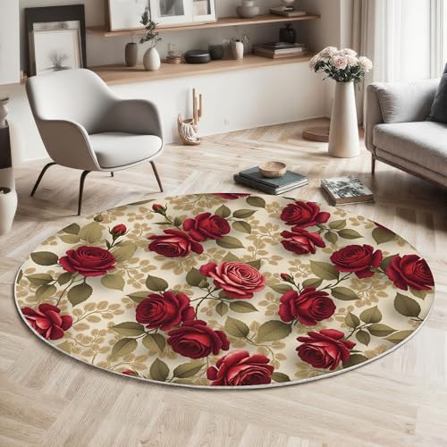 Tapis rond roses rouges 80cm lavable machine anti-dérapant - 3