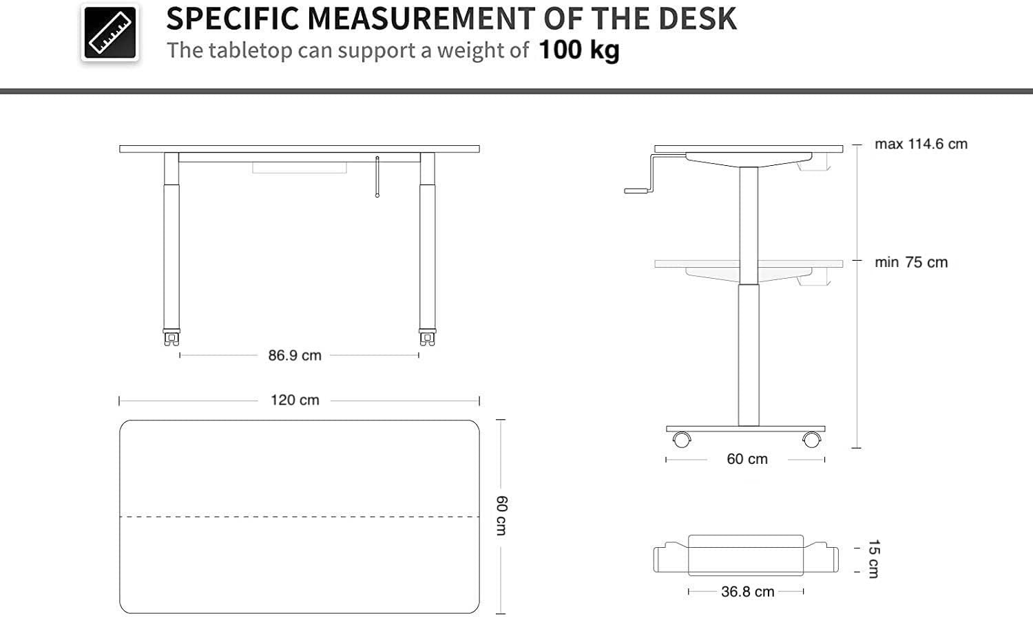 FEZIBO Crank Adjustable Height Standing Desk, 48 x 24 Inches Manual Stand up Desk, Sit Stand Desk with Handle, Home Office Desk with Greige Top and Black Frame