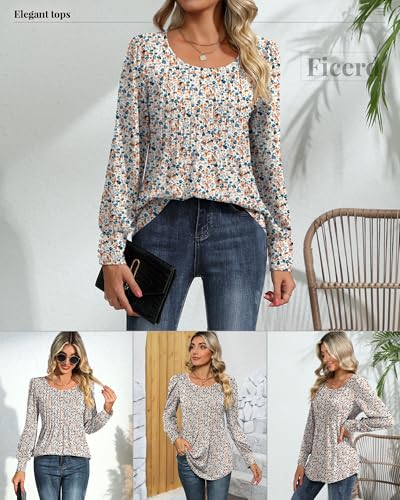 Ficerd Women's Puff Long Sleeve Tunic Tops Pleated Crew Neck Blouses Dressy Casual Loose Fit Fall and Winter Shirts3