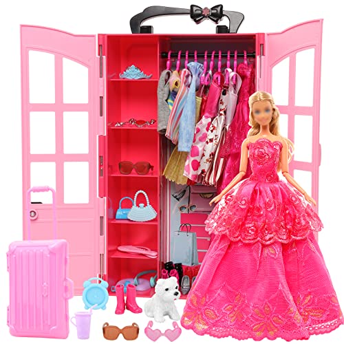 Funlight Doll Fashionistas Closet Wardrobe with 107 Pcs Accessories 9 Pack Clothes 1 Trunk 97 Different Shoes Hangers Crowns Necklaces Glasses Accessories(Doll Not Include) SKU20705-Fun-US