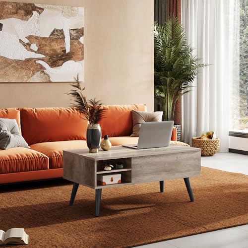 Image of WLIVE Lift Top Coffee Table with Hidden Storage, Adjustable Shelf, Greige | Mid Century Modern Wooden Coffee Table, for Dining /Living Rooms /Offices; 39.4 inchW x 19.7 inchD x 16.9 inchH