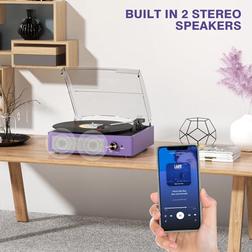 Image of cotsoco Vinyl Record Player Bluetooth,Belt-Drive Turntable with Stereo Speakers Vintage Phonograph Vinyl Record Player 3 Speed 3 Size for Home Decoration,Aubergine