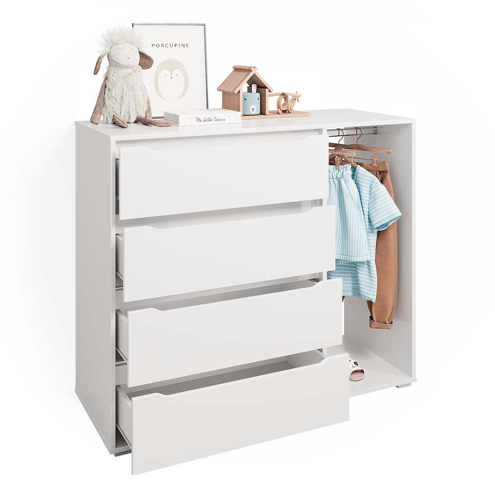 Vicco Kinderkleiderschrank Ruben, Weiß, 120 x 101.9 cm mit 4 Schubladen, geeignet zur Aufbewahrung von Kinderkleidung und Accessoires