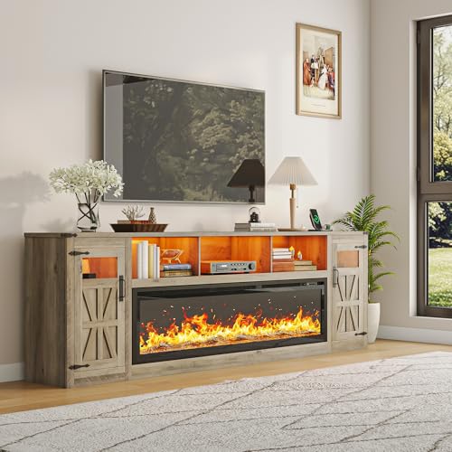 Image of Fireplace TV Stand for 100 Inch TV, 95 inch Farmhouse Entertainment Center with 60 inch Electric Fireplace & LED Lights, Large Media Console for Living Room, Rustic Barn Doors, Power Outlets,Grey