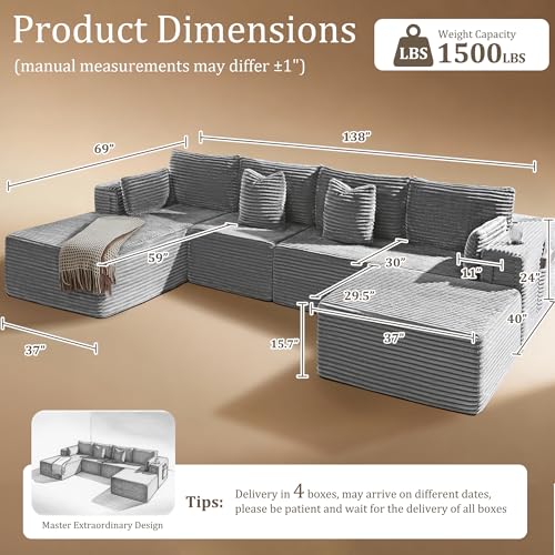 Image of 138 inch Oversized Cloud Sectional Couch, Comfort U Shaped Boneless Couch for Living Room, Extra Deep Seats No Assembly, Modular Sofa, Corduroy (Light Grey, 3 Seater+Left Facing Chaise+Ottoman)