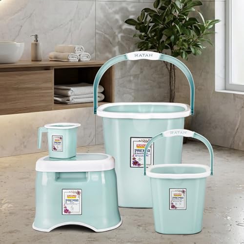 Image of RATAN PLASTICWARE Premia Bathroom Set (Bucket 5L X 1) + (Bucket 25L X 1) + (Mug 1.5L X 1) + (Small Stool X 1) - Mint|Easy to Carry | Perfect for Use in Bathrooms, Kitchen & Wet Utility Areas