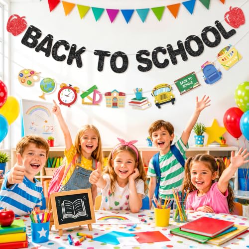 Image of Glitter Back to School Banner First Day of School Garland Colorful Glittery Pencil Apple Classroom Decorations for Teacher Preschool Classroom Office Home Decor Photo Backdrop Party Favors