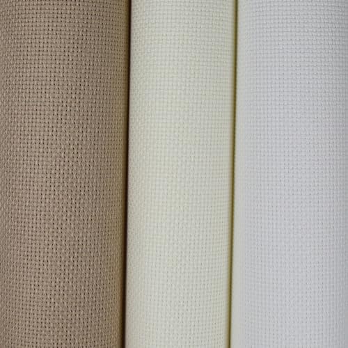 Image of KCS 3 pc of 15 inch x 18 inch Counted Cross Stitch Cotton Aida Cloth Needlework Fabric (White+Antique White+Khaki, 16CT)