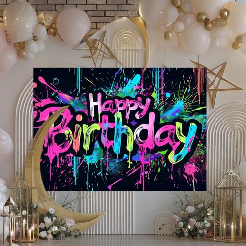 Image of HOMETITUTE Neon Happy Birthday Banner 84x60 Inch Photography Backdrops Party Background Decorations Colorful Graffiti Splash Paint Kids Birthday Supplies Glow in The Dark