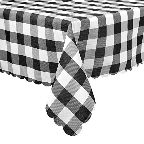 60 x 120 Inch Black and White Checkered Buffalo Plaid Pattern Large Tablecloths, Gingham Checked Rectangle Tablecloth, Scalloped Edge, Washable, Polyester Fabric, Black and White Table Cover