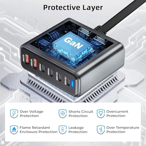 Image of MX 470W USB C Charger Block GaN III USB Desktop Charging Station 6 Port GaN Desktop Charger, USB C Charging Station 140W Type C Laptop Charger Adapter Compatible with MacBook, Tablet & Mobile Phones