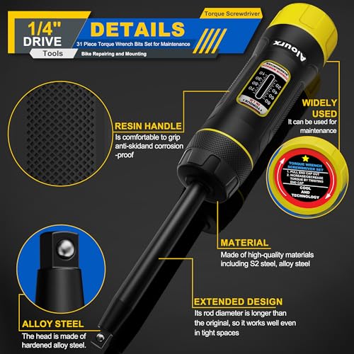 Image of Long Shank Torque Screwdriver Set, 10-80 Inch Pounds lbs, 32 Piece 1 /4 inch Drive Torque Screwdriver Wrench with S2 Steel Bits for Bicycle Mechanics, Mechanical Equipment, and Mounting