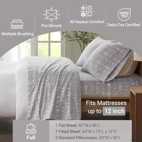 True North by Sleep Philosophy Cozy Flannel Warm 100% Cotton Sheet - Novelty Print Animals Stars Cute Ultra Soft Cold Weather Bedding Set, Full, Bear 4 Piece
