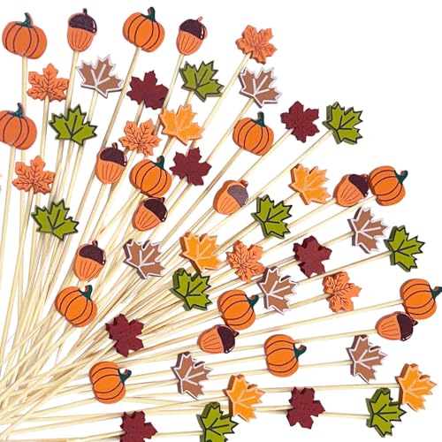 GotGala 100 Pcs Fall Cocktail Picks Pumpkin Maple Leaf Bamboo ToothPicks Appetizer Bamboo Toothpicks for Thanksgiving Seasonal Autumn Holiday Home Party Cake Food Decoration