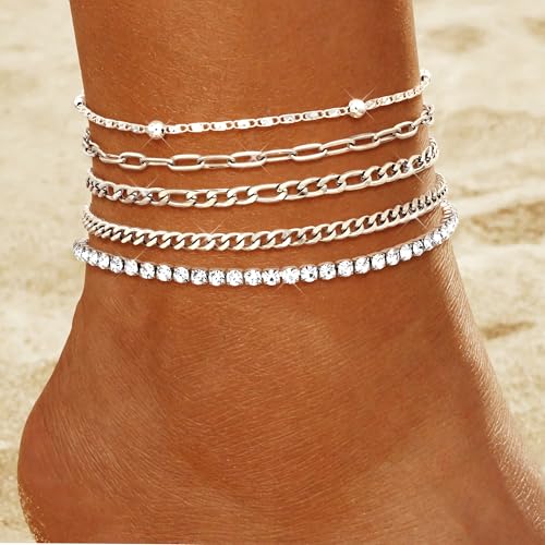 Image of LOYALLOOK Ankle Bracelets for Women Waterproof, 14K Gold Plated Cuban Figaro Link Chain Anklets Non Tarnish, Dainty Layered Anklet Bracelets Adjustable Summer Beach Foot Jewelry