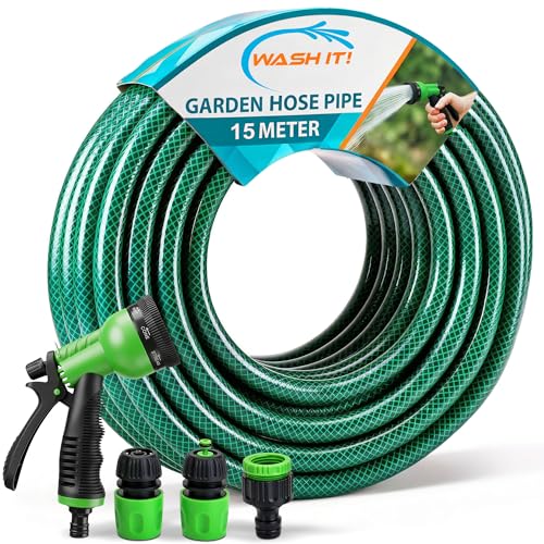 Garden Hose Pipe with Connectors and Hosepipe Spray Gun - Reinforced Garden Hose Set Including Adjustable Hosepipe Spray Gun Tap Connector and 2 Couplers for Plant Watering and Car Washing (15m)