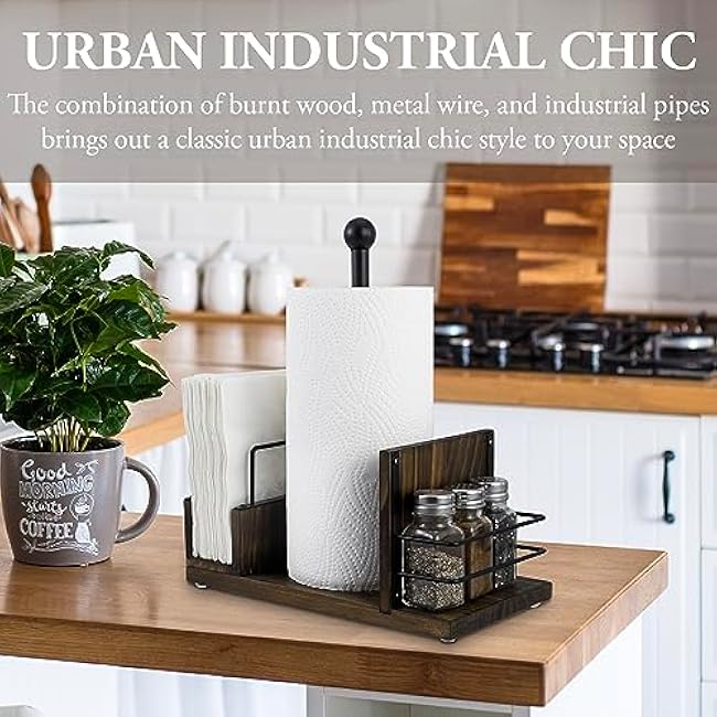MyGift Rustic Burnt Solid Wood and Industrial Matte Black Metal Dining Combination Caddy with Paper Towel Roll Dispenser Stand, Napkin Holder, and Spice Rack