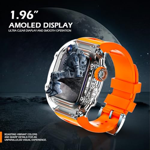 Image of PunnkFunnk Luxury Bluetooth Calling H9 Smartwatch 1.96 inch AMOLED Display, Rotating Crown IP67 Waterproof, 7 Days Battery Life, 100+ Sports Modes, & AI Voice Assistant(Orange)