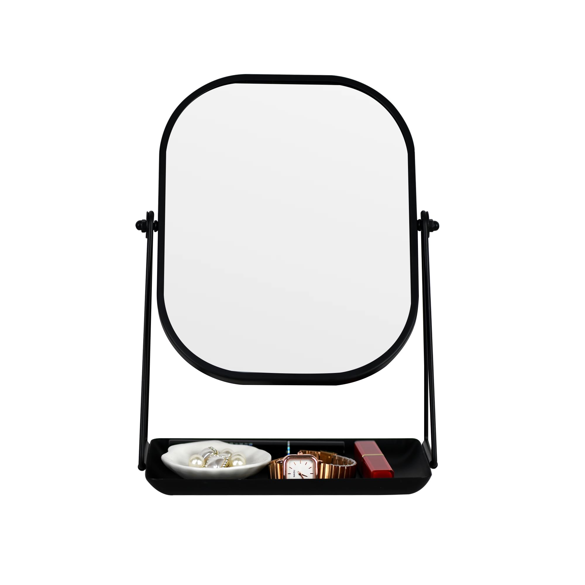 360° Rotating Metal Makeup Mirror with Storage, Vanity Mirror for Desk, Bathroom, Bedroom, Dressing Table (Black)