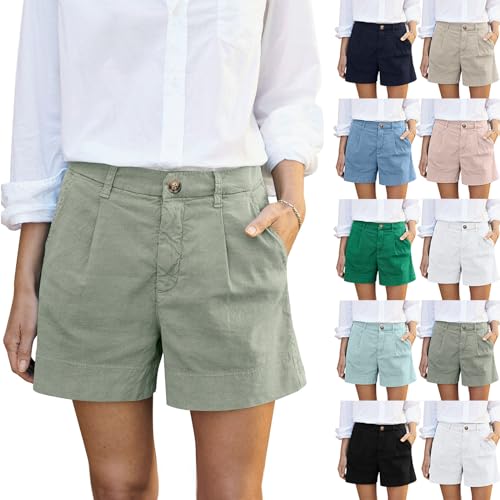 Short chino d'été décontracté en lin pour femme, bermuda taille haute, short habillé à jambe large avec poches, Noir A1, Medium