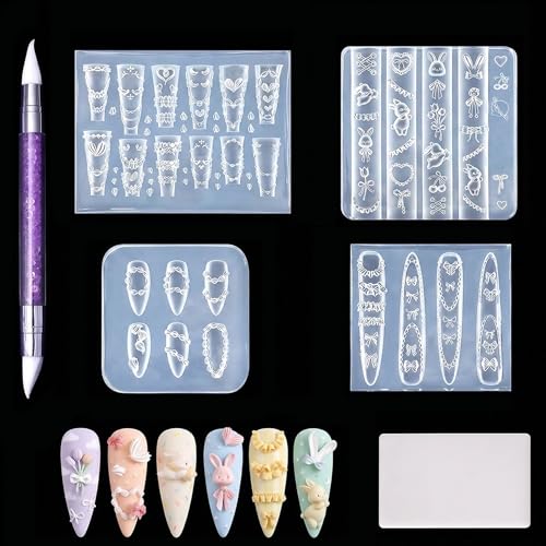 Zosutetoxo Nails Mold, ensemble de 4 tampons à ongles pour nail art avec moule en silicone pour ongles 3D, fleurs, pochoirs de stamping pour ongles