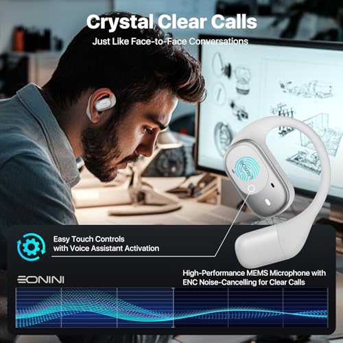 Image of Eonini Open-Ear Earbuds with Earhooks, LED Display Case, Lightweight & Secure Fit, All-Day Comfort, Stay-Aware Design, Clear Calls, 40H Playtime, IPX5 Waterproof Bluetooth 5.3 for Running, Gym
