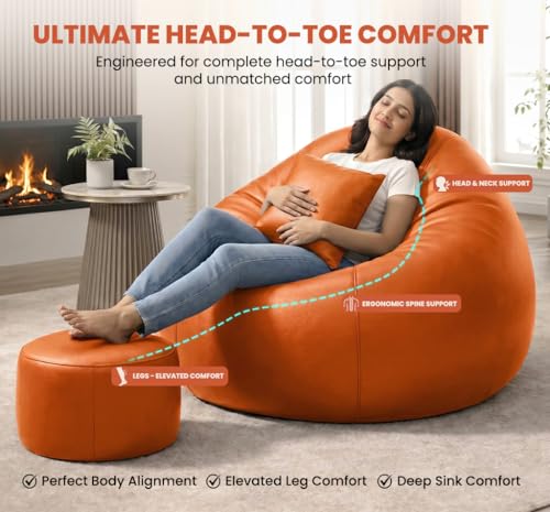 Image of Sattva Classic 4XL Bean Bag Chair with Beans Filled | Faux Leather Sofa Style Bin Bags Combo with Footstool & Cushion | Comfortable Seating for Adults & Teens, Home & Office - Orange