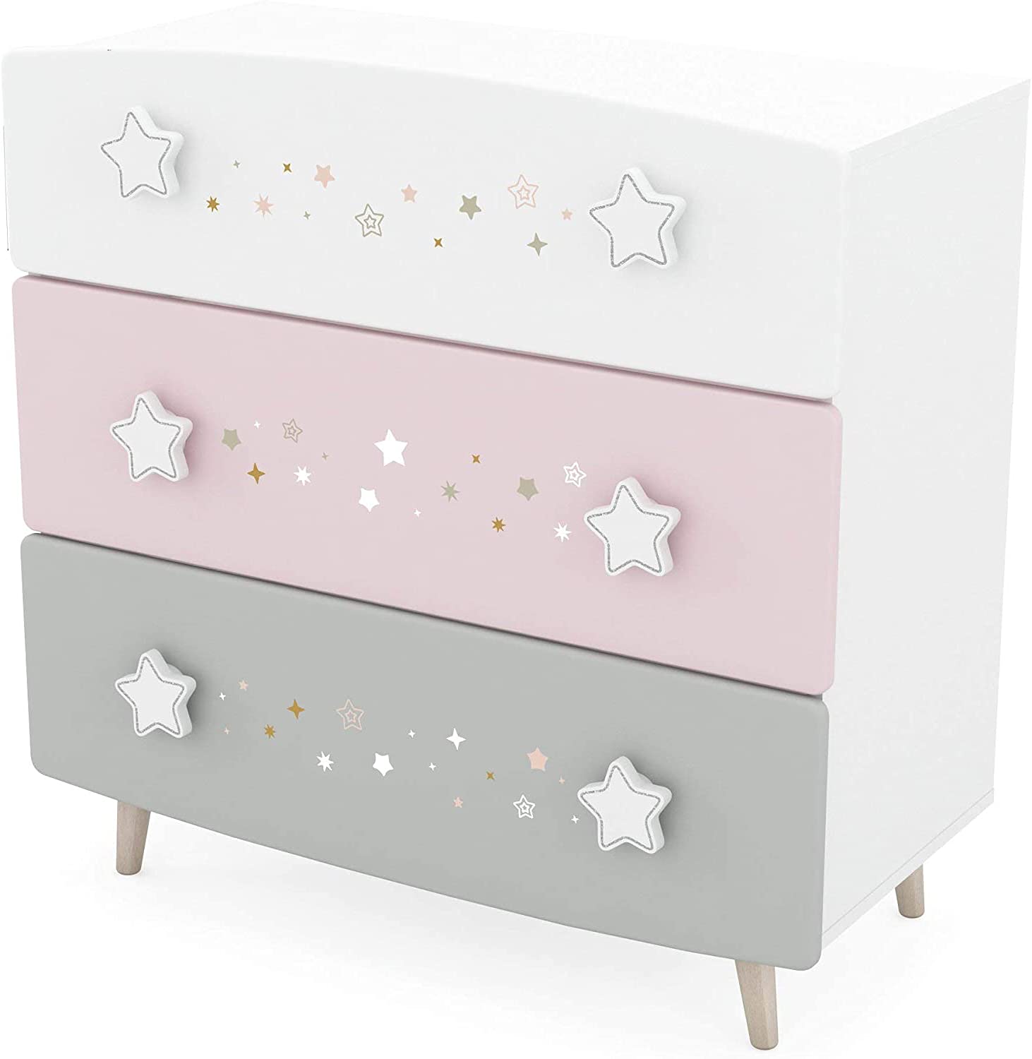 habeig Kinder Kommode Sterne Kinderzimmer Schrank Prinzessin Anrichte Schublade Tür Gross Star Himmelssterne (Rosa/Weiss/Grau # 443)