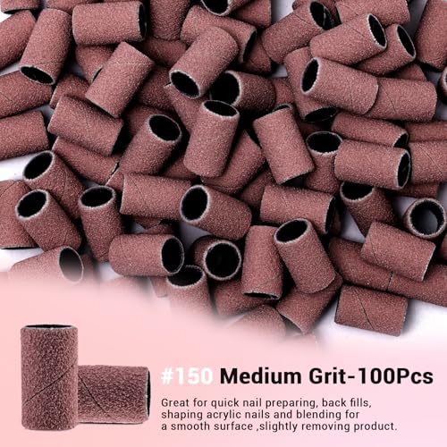 Image of MelodySusie 100 Pcs Nail Drill Bits Sanding Bands for Nail Drill 150 Medium Grit Nail File Sanding Bands for Acrylic Nails Gel Manicures and Pedicure