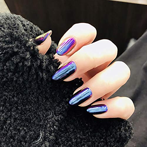 Ibliss Mirror Press on Nails Blue Long Oval Full Cover Fake Nails Glossy Gradient Acrylic False Nail Art for Women and Girls 24PCS