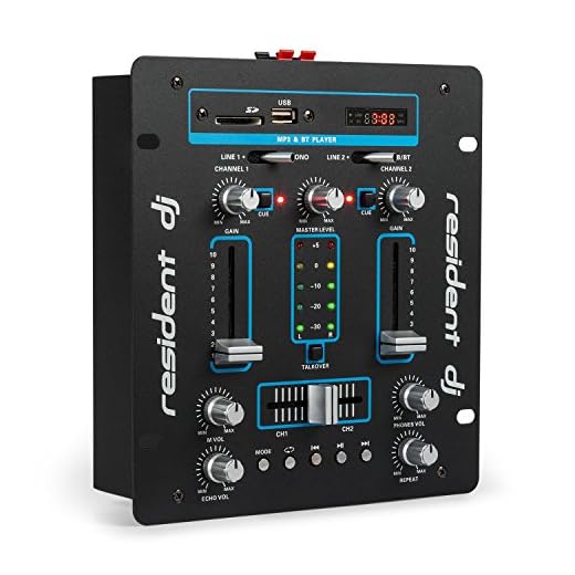 Resident DJ DJ-25 - DJ-Mixer, Mesa de Mezclas, 2 Canales, Compacta, Bluetooth, USB, SD, 2 entradas de línea, Fácil de Usar, Sólida, Pantalla LCD, 2 terminales para Altavoz, Negro/Azul