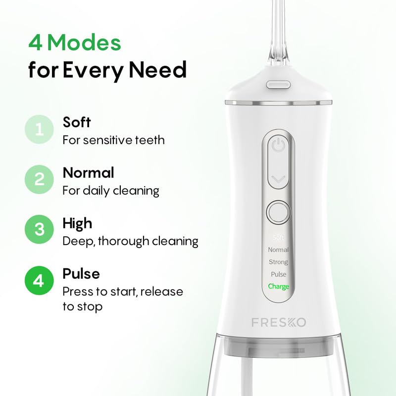 Image of FRESKO Water Dental Flosser, 50-Day Battery Life Oral Irrigator with Constant Pressure, 300ML Water Flosser with 5 Nozzles for Teeth Cleaning, IPX7 Waterproof, Ideal for Braces and Sensitive Gums