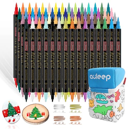 AULEEP 36 Acrylic Paint Pens Dual Tip (Brush+Fine), with 6 Glitter Pens and Portable Graffiti Canvas Bag, Warterproof Acrylic Markers Pens for Fabric/Rock/Glass/Egg/Wood/Paper/Ceramic/DIY Crafts