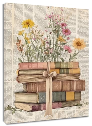 Décoration murale fleur rustique avec cadre bois affiche vintage rétro livre nature 40x50
