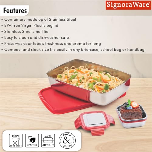 Image of SignoraWare Munch Mate Stainless Steel Lunch Box | Airtight & Leakproof | Durable & Compact | Easy to Carry | Ideal Tiffin for Office, School, Kids & Travel (550ml + 130ml | Red)