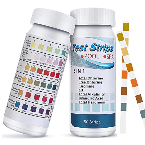 6 in 1 Test Strips Kit, 50 Pcs Swimming Pool Spa & Hot Tub Chemicals Test Strips for Rapid Measurement of Residual Chlorine in Water PH Total Hardness Alkalinity