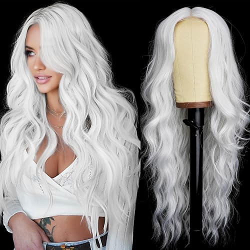 Image of AISI HAIR White Wig for Women, Long Wavy Lace Hairline Middle Part Synthetic Wig for Daily Party-26 Inch