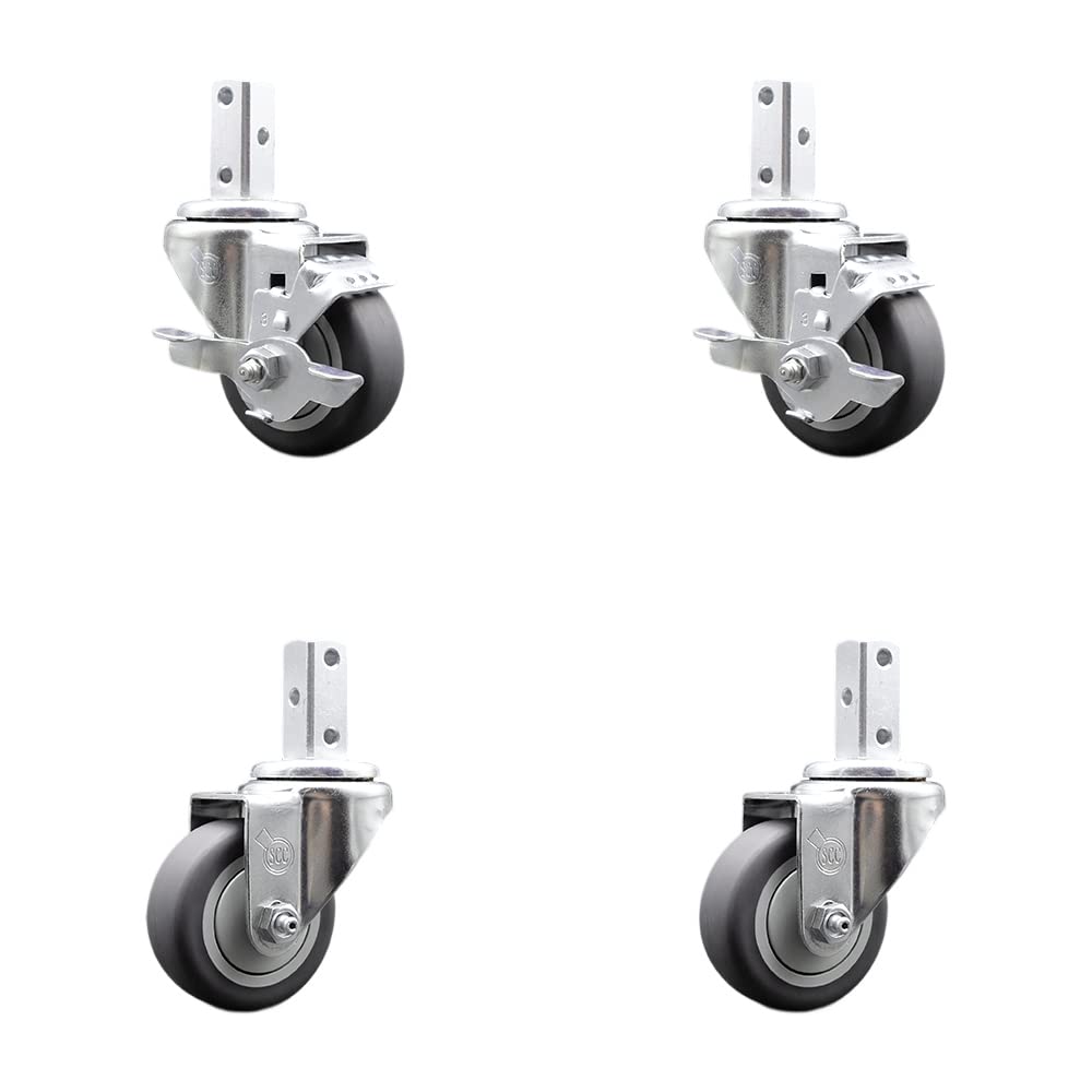 Swivel Square Stem Caster Set 4 w/3” x 1.25” Gray Thermoplastic Rubber Wheel - 7/8” x 2” Square Stem with (3) 17/64” Diameter Mounting Holes - Includes 2 Top Lock Brakes - Service Caster Brand