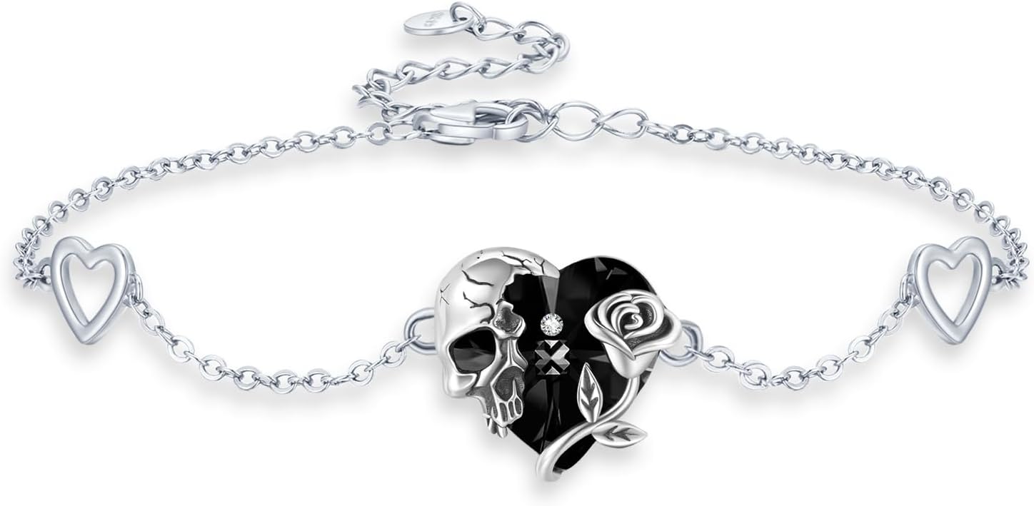 Black Crystal Skull Bracelet S925 Sterling Silver Heart Austrian Crystal Skull Adjustable Bracelet Gothic Jewelry for Women Halloween Jewelry Gifts for Her Women Sister Birthday Halloween Christmas Anniversary