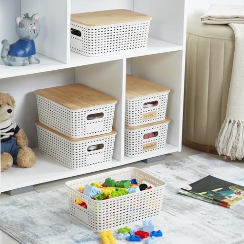 Bagnizer Small Plastic Storage Bins With Bamboo Lids 5.2Qt Stackable Box Basket Pantry Decorative Containers Cute With Lable For Organizing Desktop Closet Office Cream White Of 6 Packs 10*7.2*4.1'’ thumb #3