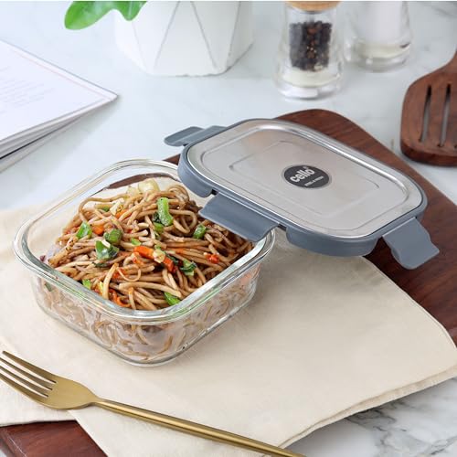 Image of CELLO Steel-O Fresh Square Toughened Glass Container 800ml, Grey | Multipurpose Storage | Microwave, Oven, Freezer & Dishwasher Safe | Leakproof Lid | Glass Container For Kitchen, Fridge & Office
